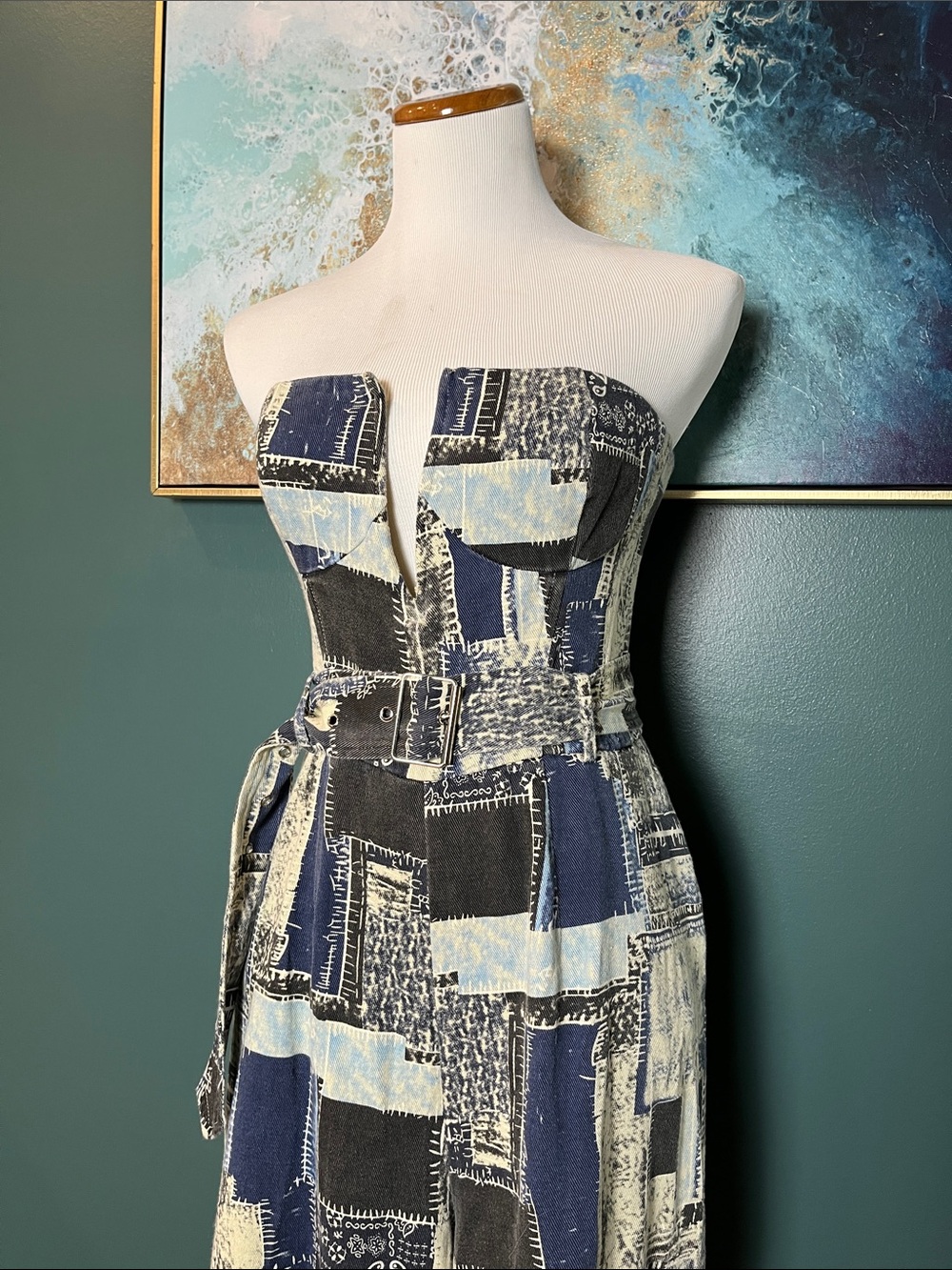 Strapless Denim Patchwork Printed Jumpsuit with Belt